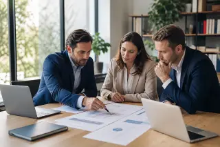 Trois professionnels en réunion autour d’une table avec documents et ordinateurs, discutant sérieusement dans un bureau lumineux et moderne.
