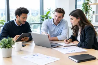 Trois collègues travaillent ensemble dans un bureau moderne autour d’un ordinateur portable, discutant et consultant des documents avec une ambiance lumineuse et professionnelle.