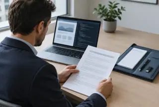 Professionnel vérifiant un contrat et des livrables web devant un ordinateur affichant une maquette et du code.